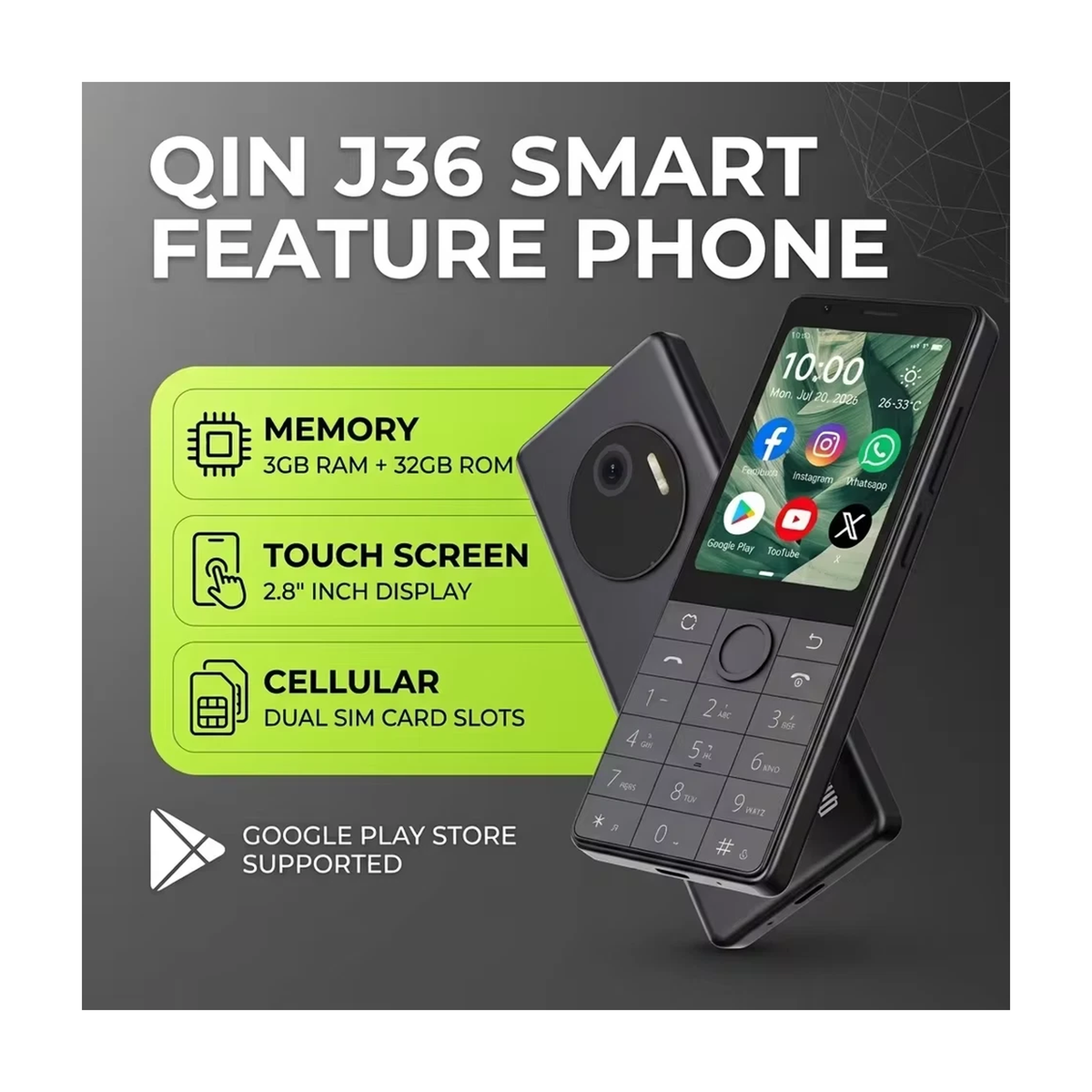 Qin J36 4G 32GB - Dual SIM (Unlocked) - Google Play Touchscreen & Button Phone