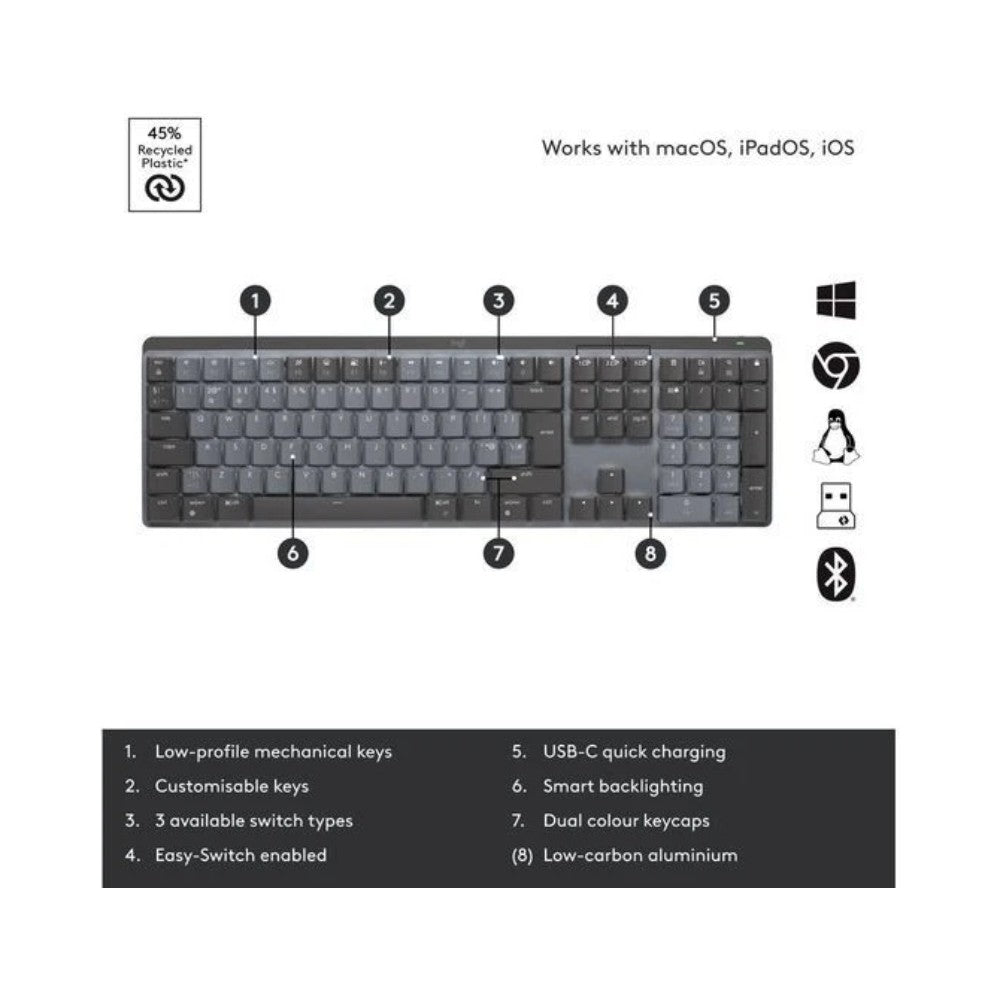 LOGITECH MX Wireless Mechanical Keyboard Tactile Quiet - Graphite - Full Size